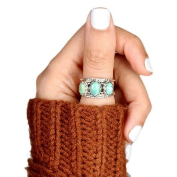 New! Silver Vintage Ring Moonstones Turquoise Ring - Picture 3 of 4